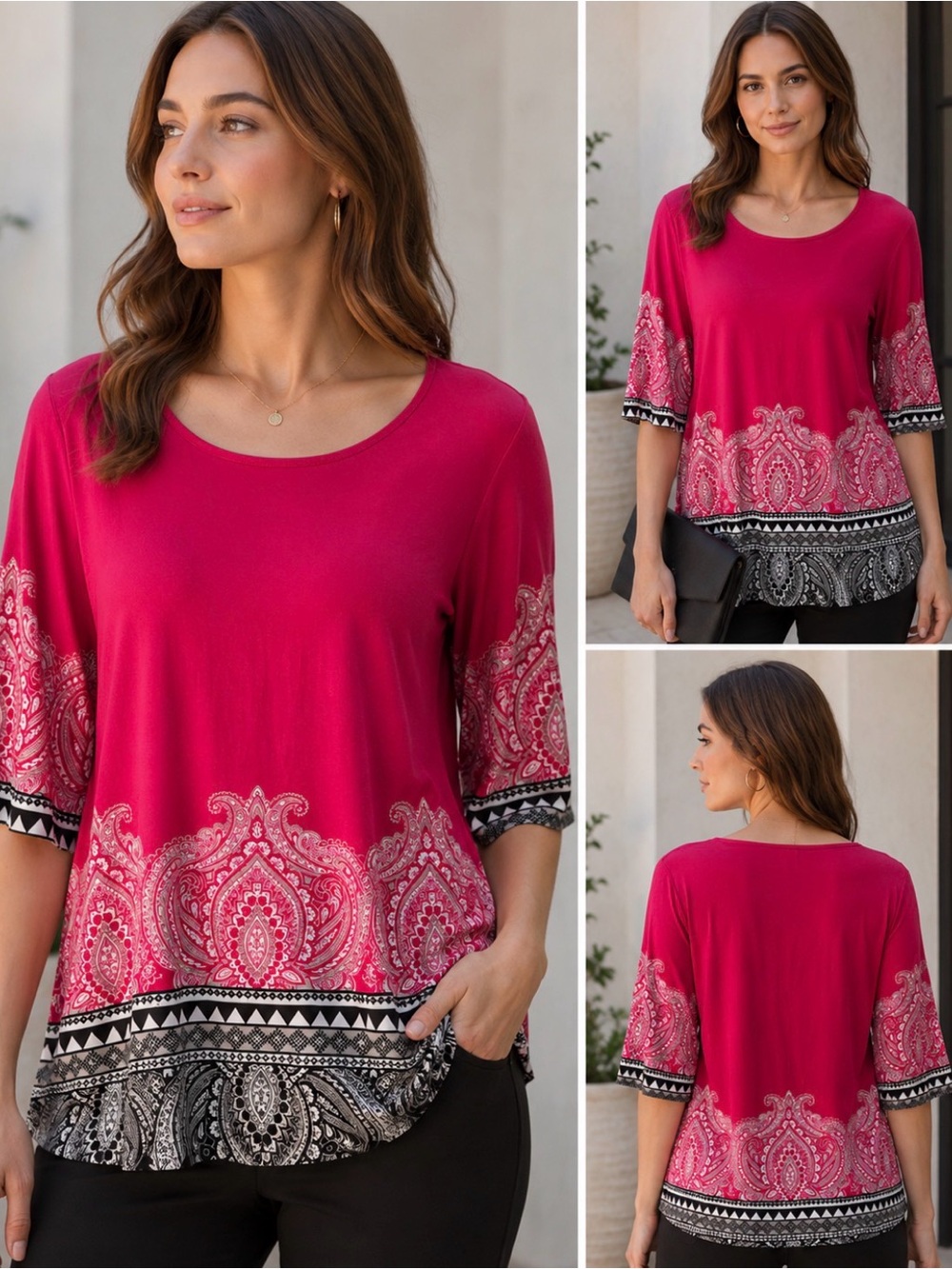 Chico's Bright Fuchsia Paisley Border Scoop Neck Tunic